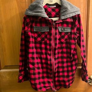 Epic threads, boys plaid red & black, hooded long sleeve collared zippered shirt